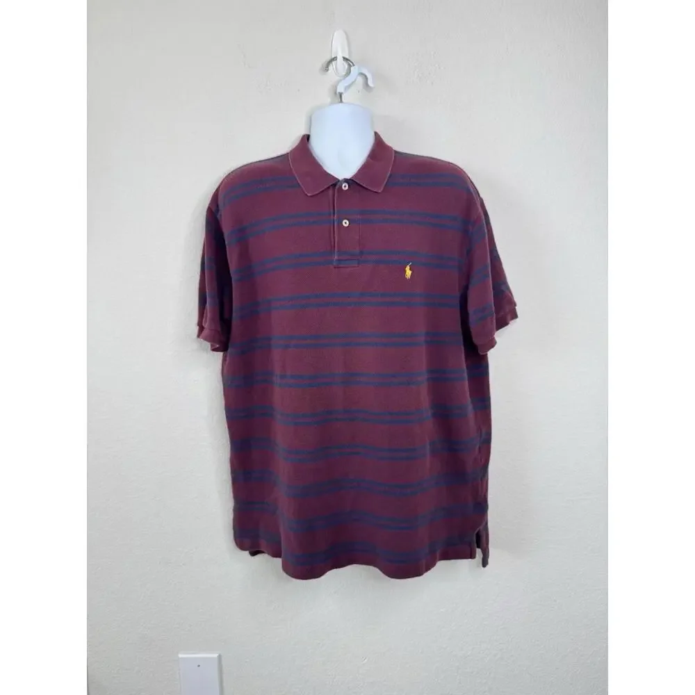 Vtg Ralph Lauren Polo Shirt Men’s Xl Burgundy Striped Preppy Pony Rugby Academia